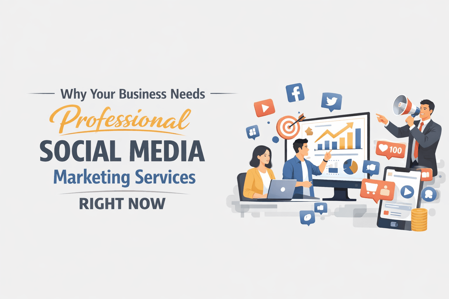 Minimalist rectangular blog banner showing professionals analyzing social media growth charts and engagement icons with headline “Why Your Business Needs Professional Social Media Marketing Services Right Now” on light background.