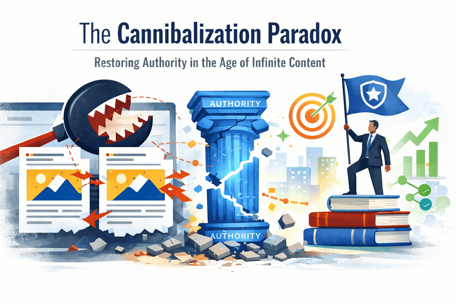 Illustration titled The Cannibalization Paradox: Restoring Authority in the Age of Infinite Content. The graphic shows a monstrous magnifying glass biting into two identical web pages, causing a blue pillar labeled Authority to crack and break apart. On the right side, a person in a suit stands triumphantly on a stack of books holding a flag with a shield, with an orange target and green upward growth arrows in the background.