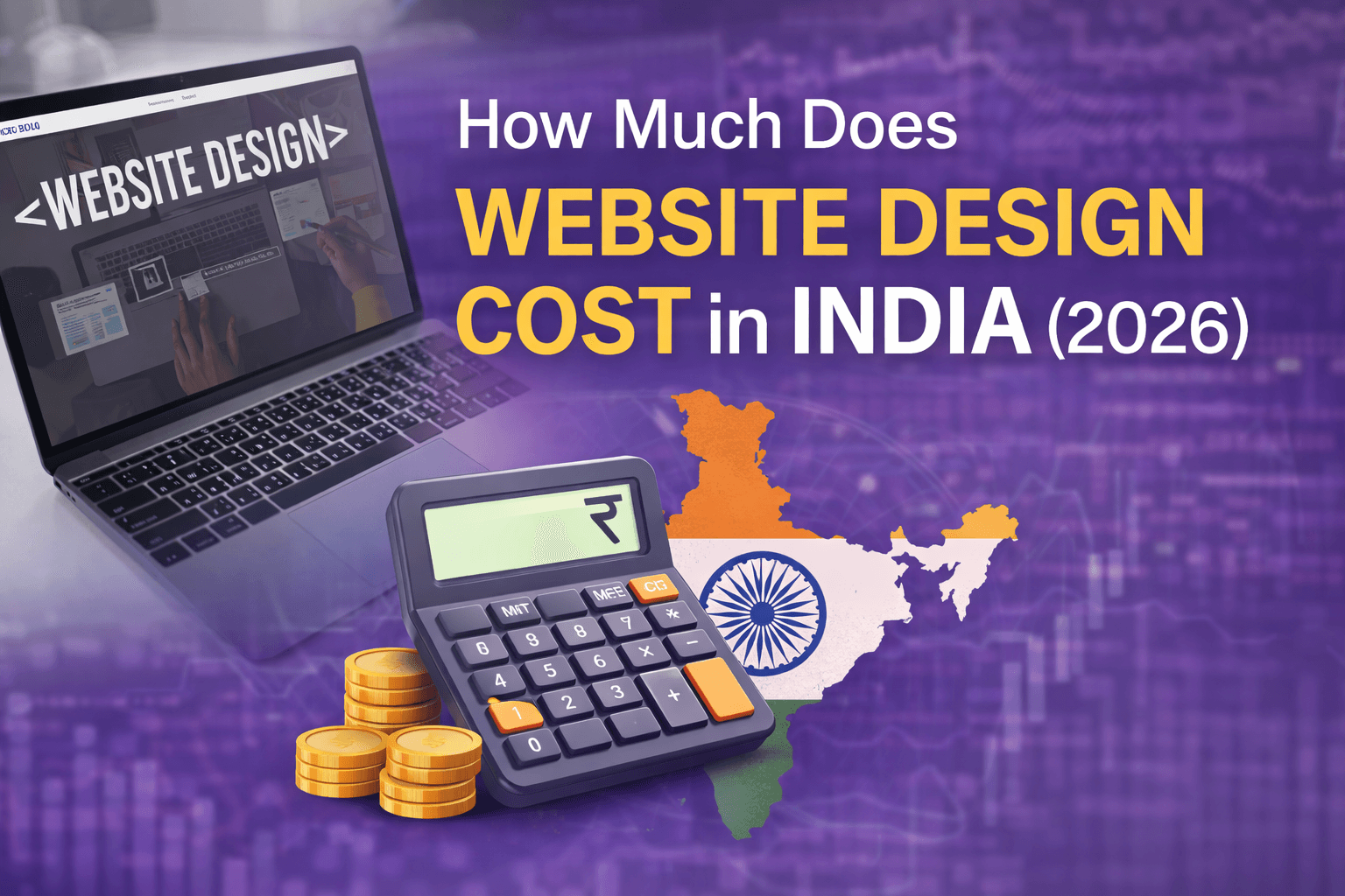 Illustration of website design cost in India 2026 featuring a laptop with web design interface, calculator with rupee symbol, stacked coins, and India map on a purple background.