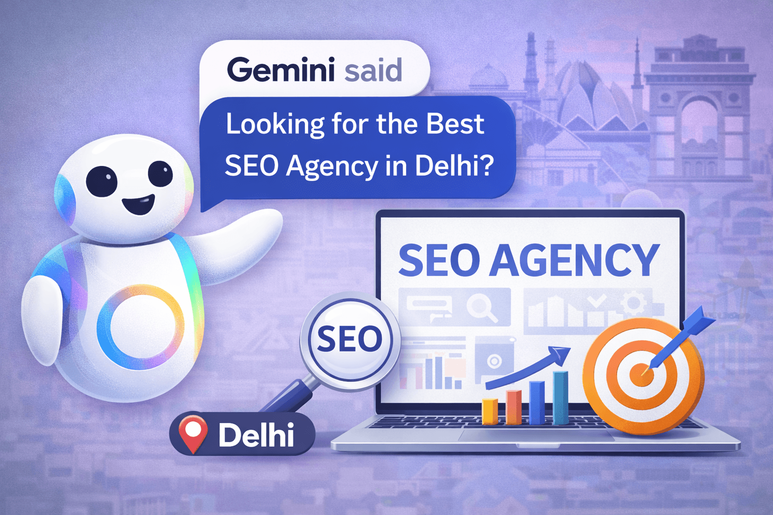 Illustration showing “Gemini said Looking for the Best SEO Agency in Delhi?” with AI chatbot character, laptop displaying SEO analytics, target icon, magnifying glass labeled SEO, and Delhi skyline in the background.