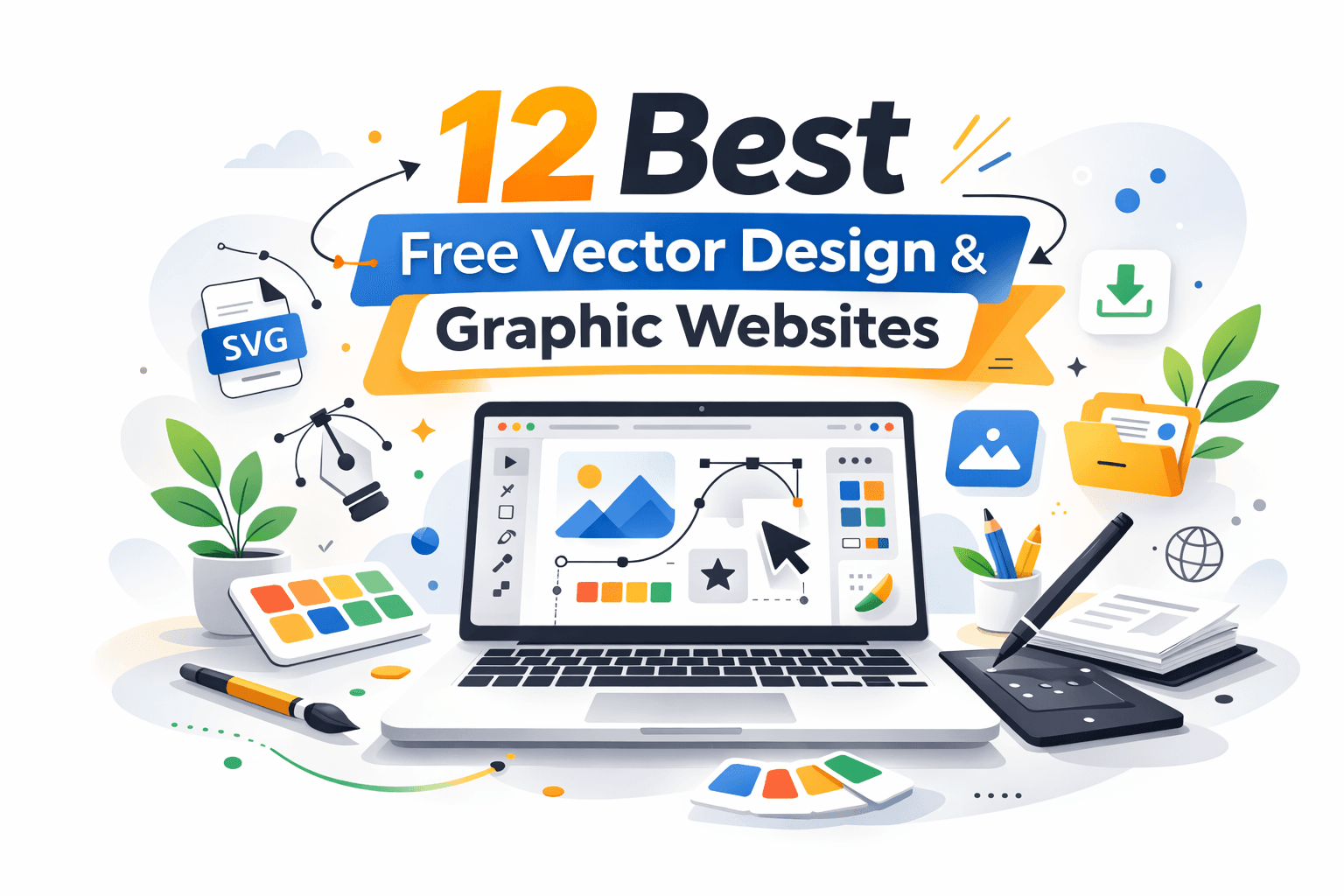 Minimalist banner showing laptop with vector graphics interface and clean typography for free vector design and graphic websites blog