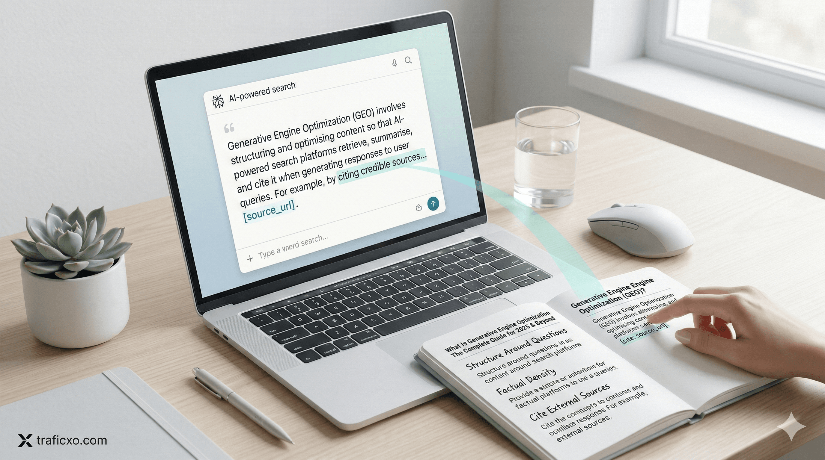 Laptop displaying an AI search result for Generative Engine Optimization on a minimalist desk. A glowing graphic connects the AI response to a notebook outlining GEO tactics like factual density and external citations, demonstrating how AI platforms cite structured content.
